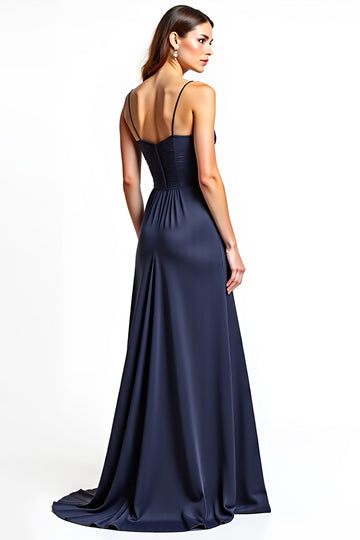 Navy A-Line Spaghetti Straps Ruched Chiffon Long Wedding Guest Dress with Slit